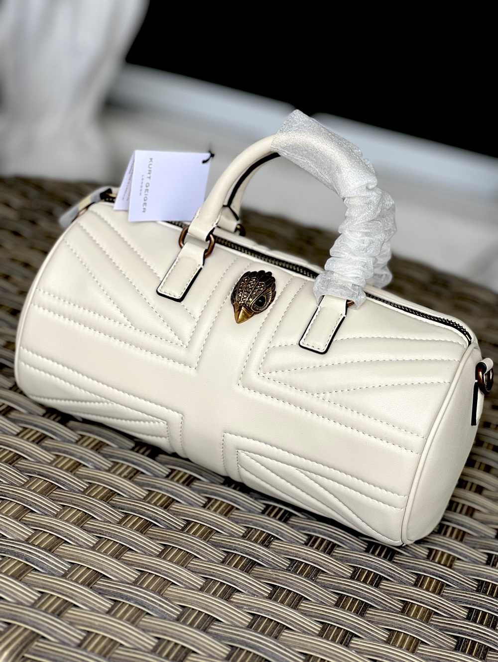 KURT GEIGER Kensington Union Jack Barrel Tube satchel crossbody leather cream